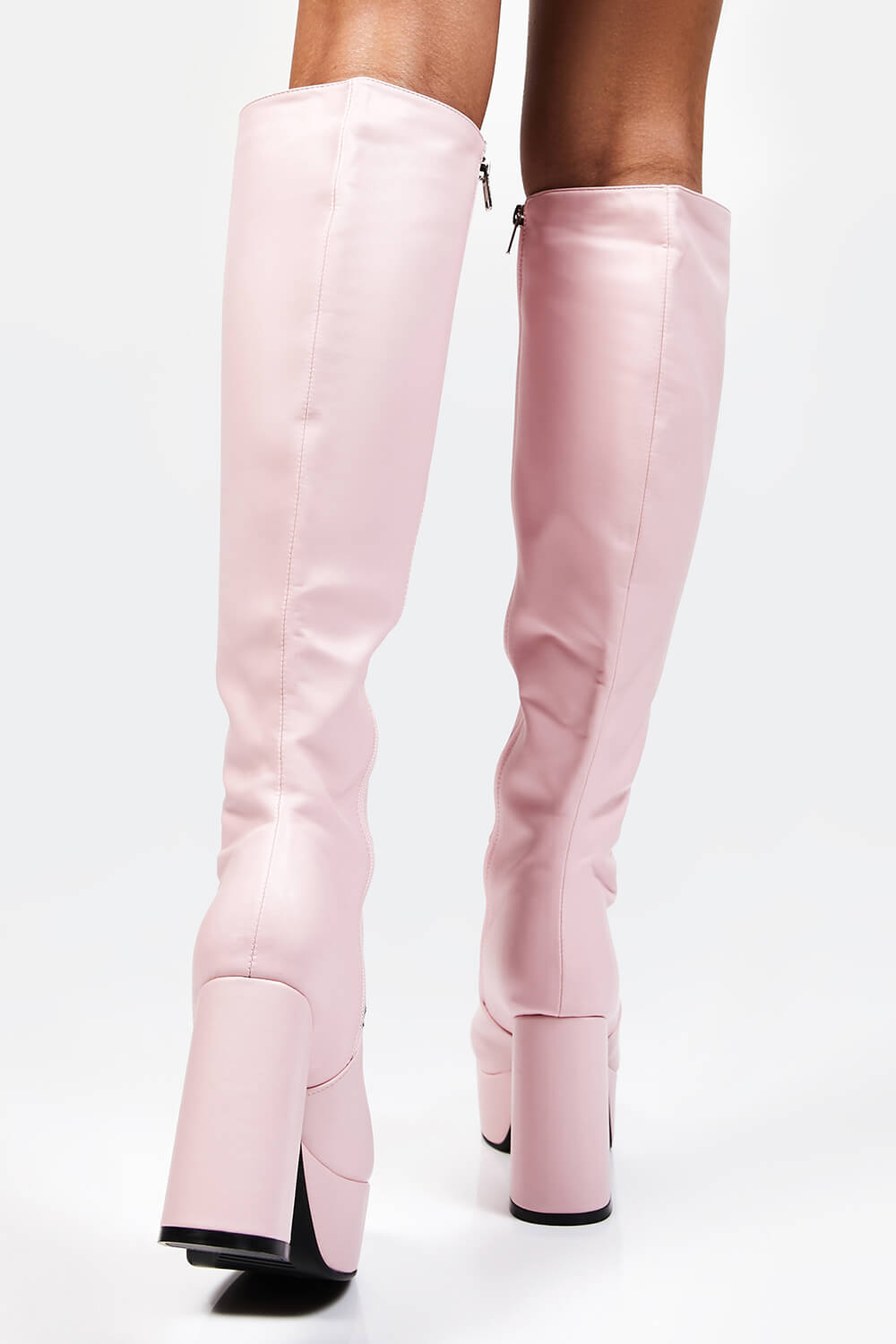 Pink Chunky Platform Block Heel Knee High Boots