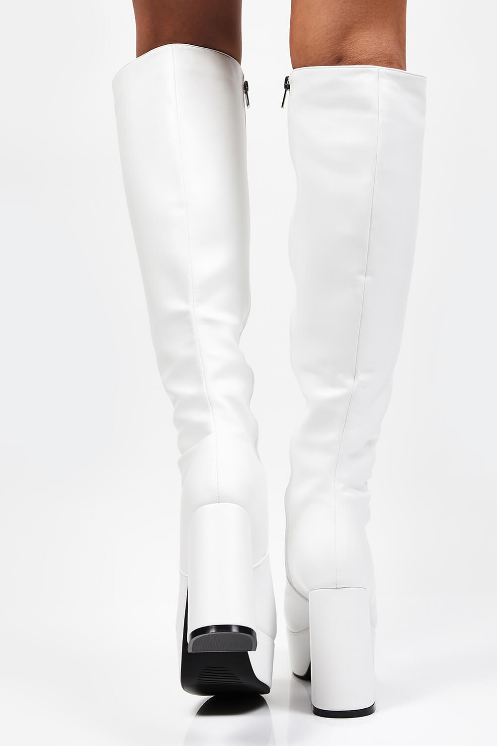 White Chunky Platform Block Heel Knee High Boots