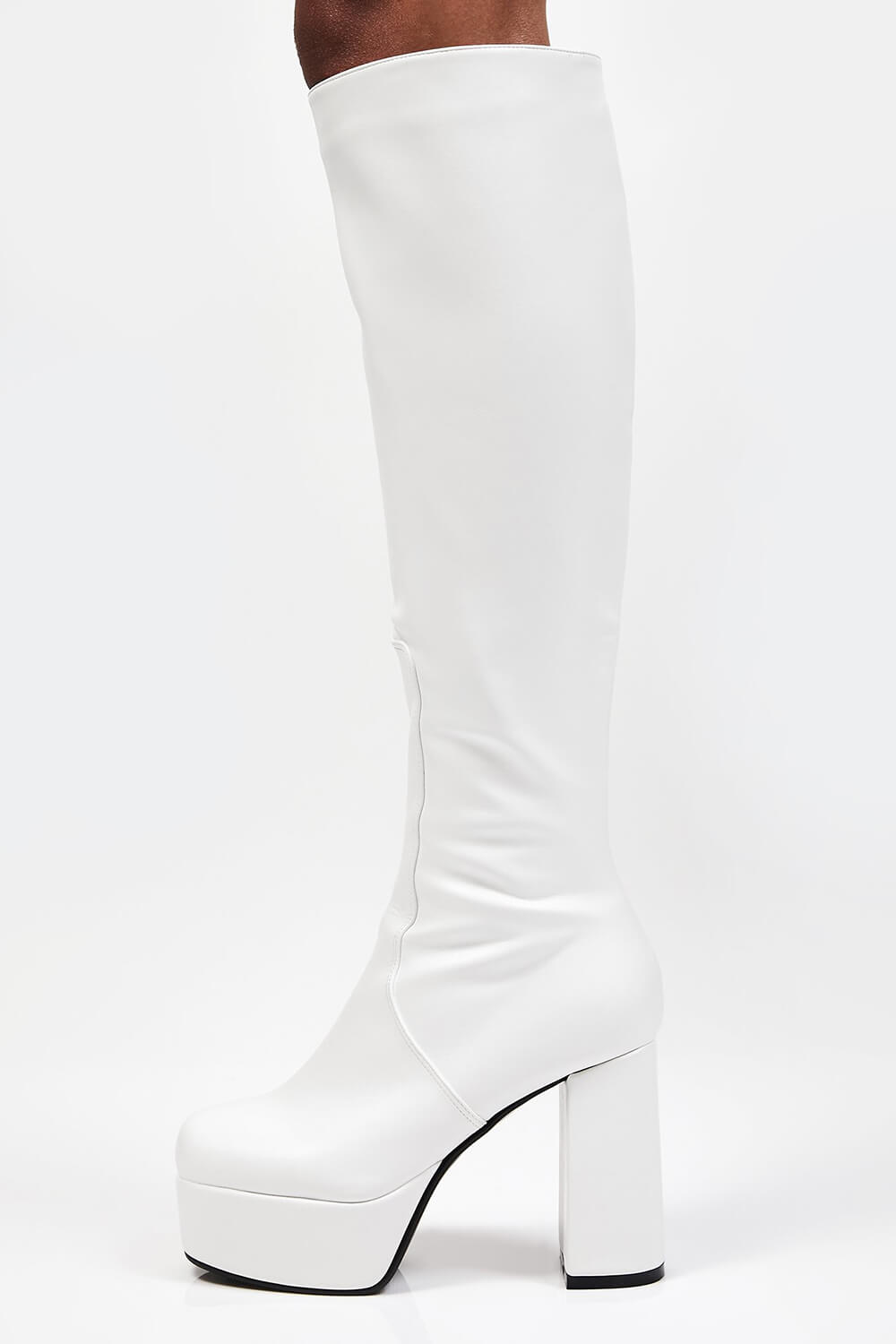 White Chunky Platform Block Heel Knee High Boots