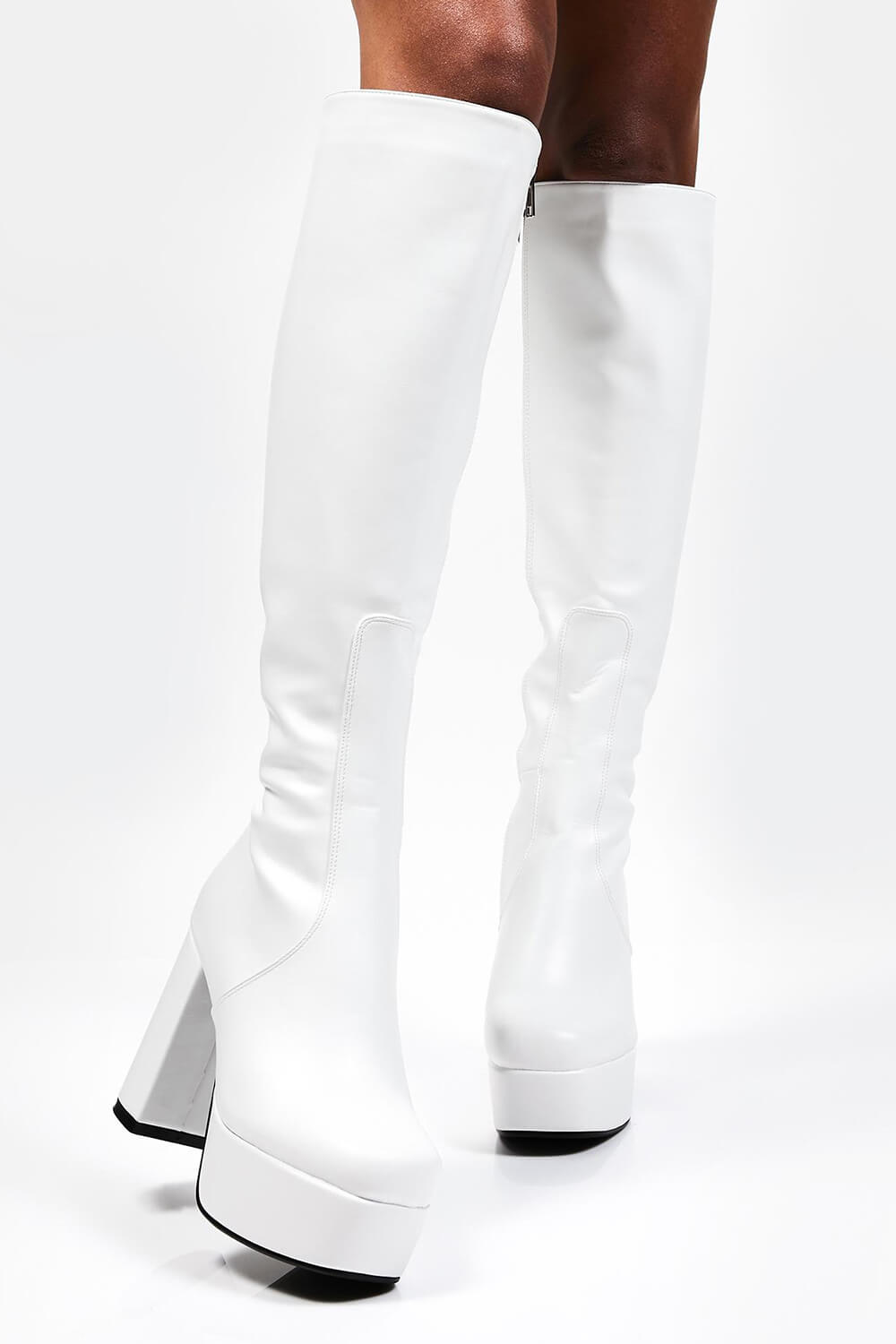 White Chunky Platform Block Heel Knee High Boots