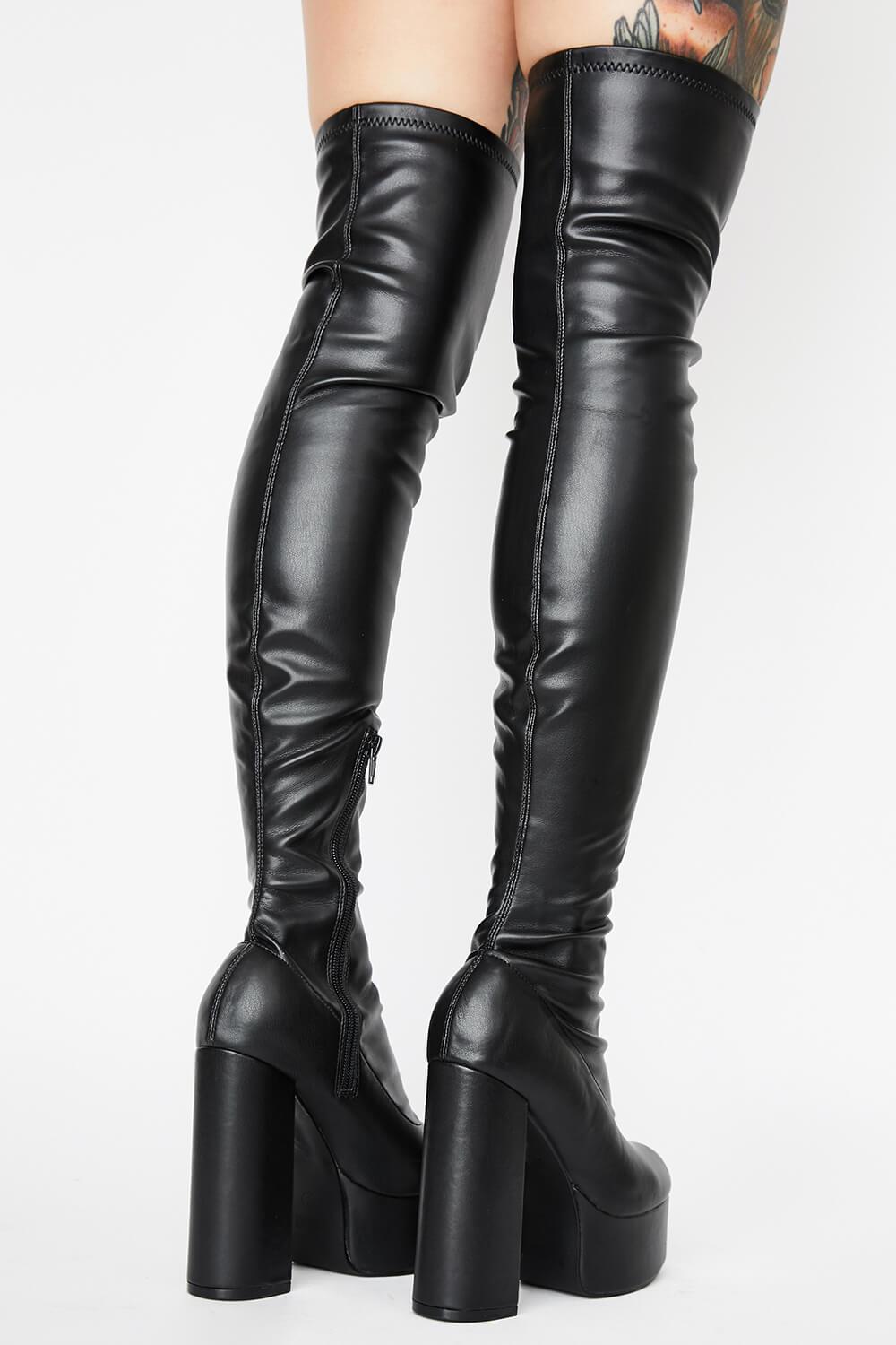 Black Chunky Platform Block Heel Thigh High Boots