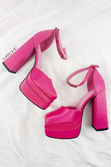 Hot Pink Satin Patent Square Closed Toe Statement Double Platform Block Heel Boots
