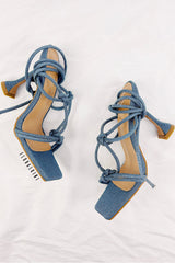 Denim Lace Up Square Toe Sculptured Heel