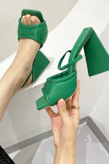 Green Satin Padded Square Peep Toe Sculptured Flared Block Heel Mule