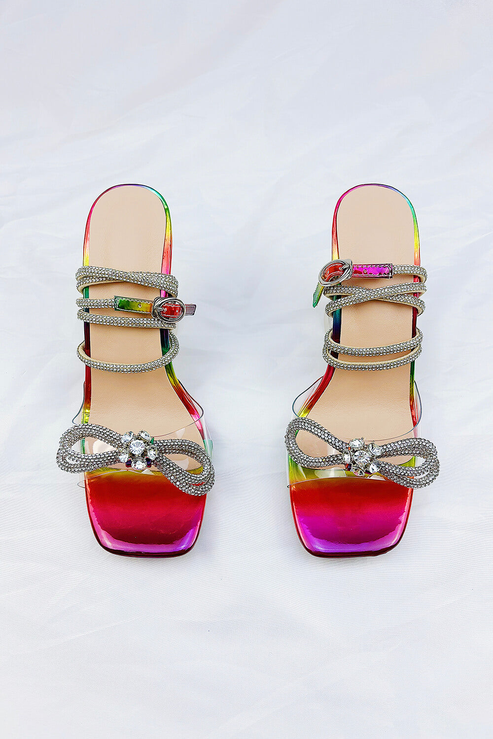 Rainbow Patent Diamante Bow Detail Square Toe Clear Perspex Heel