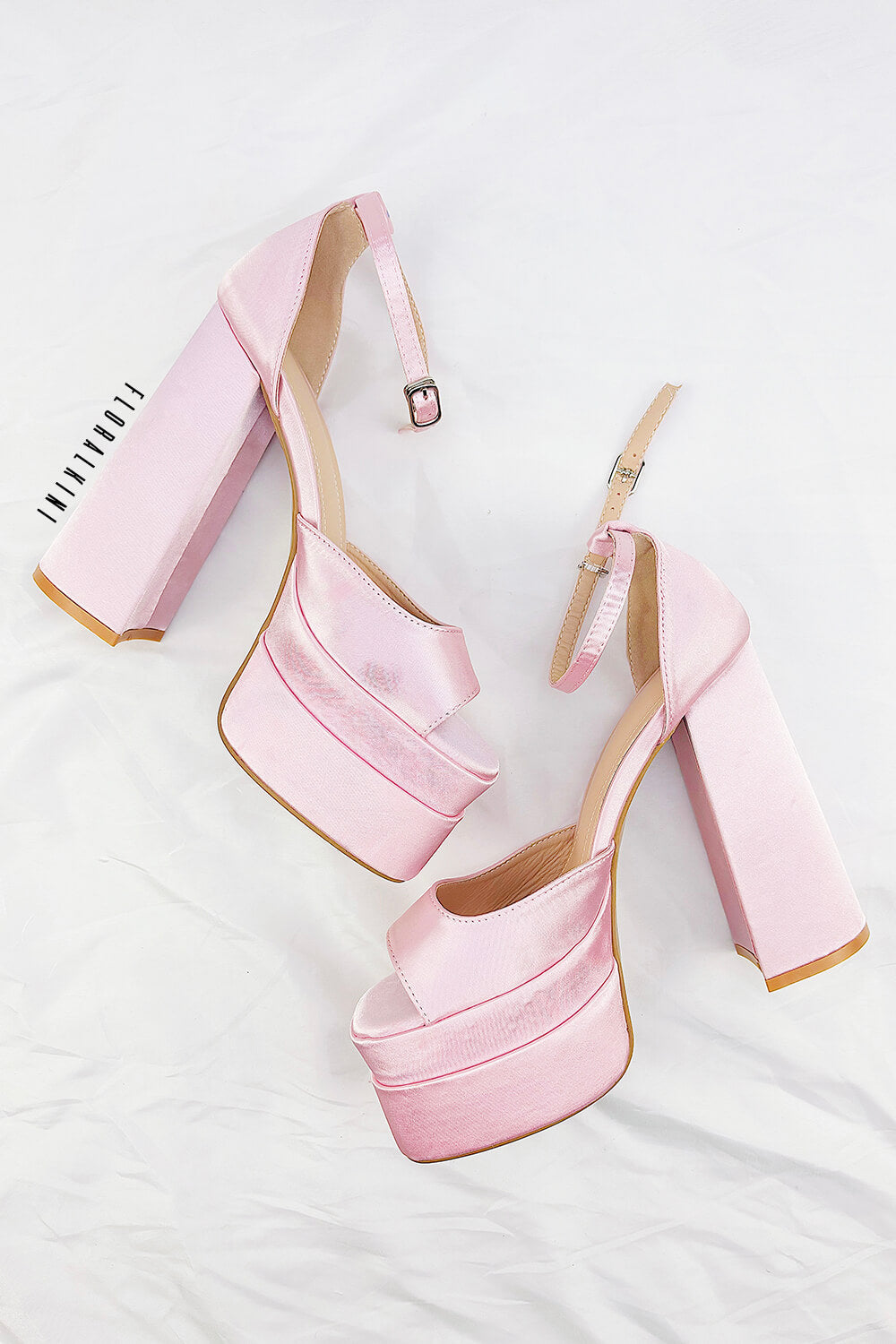 Baby Pink Satin Peep Toe Platform Block Heel