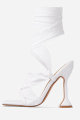 White Ribbon Tie Wrap Around Square Toe Sculptured Heel