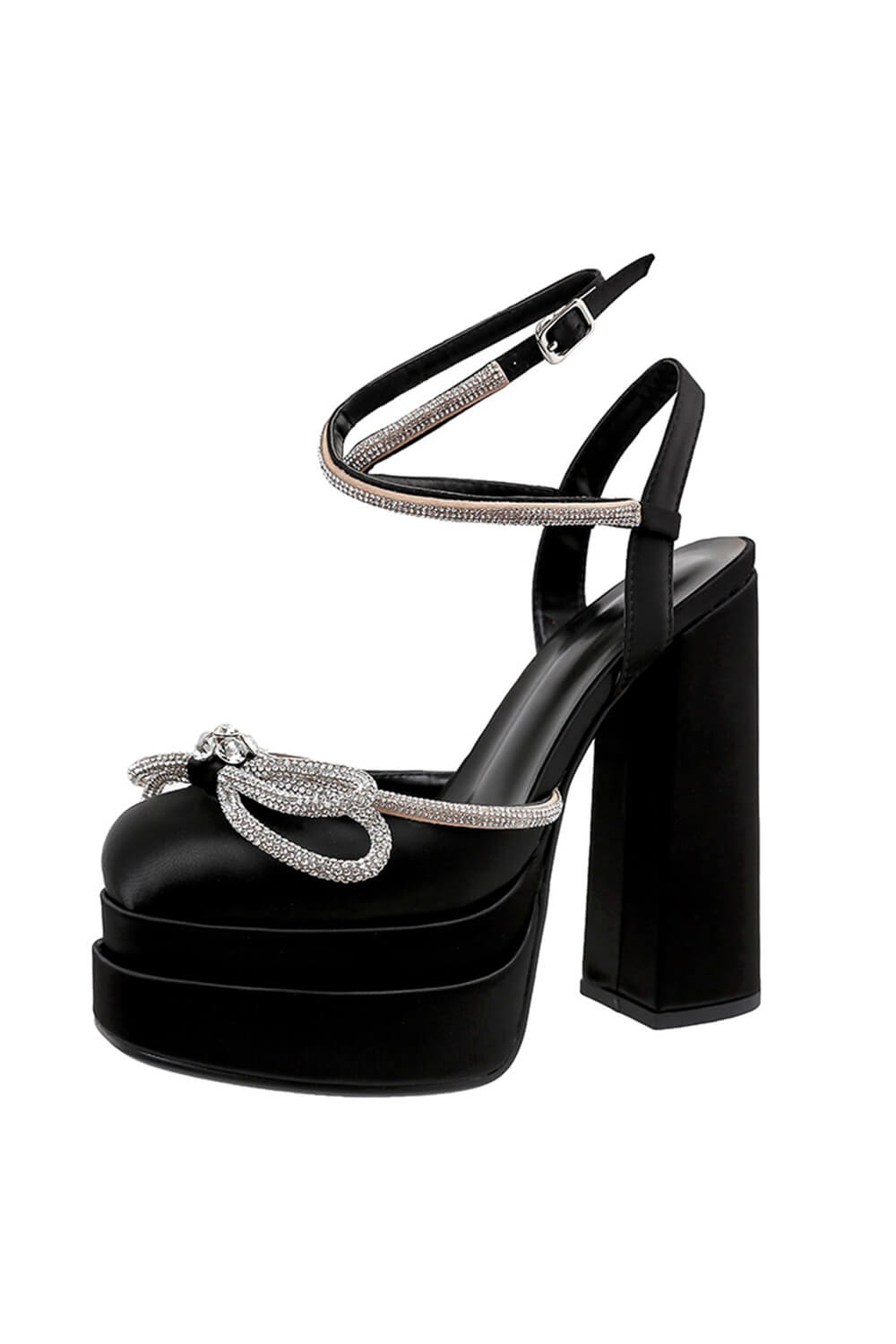 Black Satin Square Closed Toe Bow Diamante Double Platform Block Heels