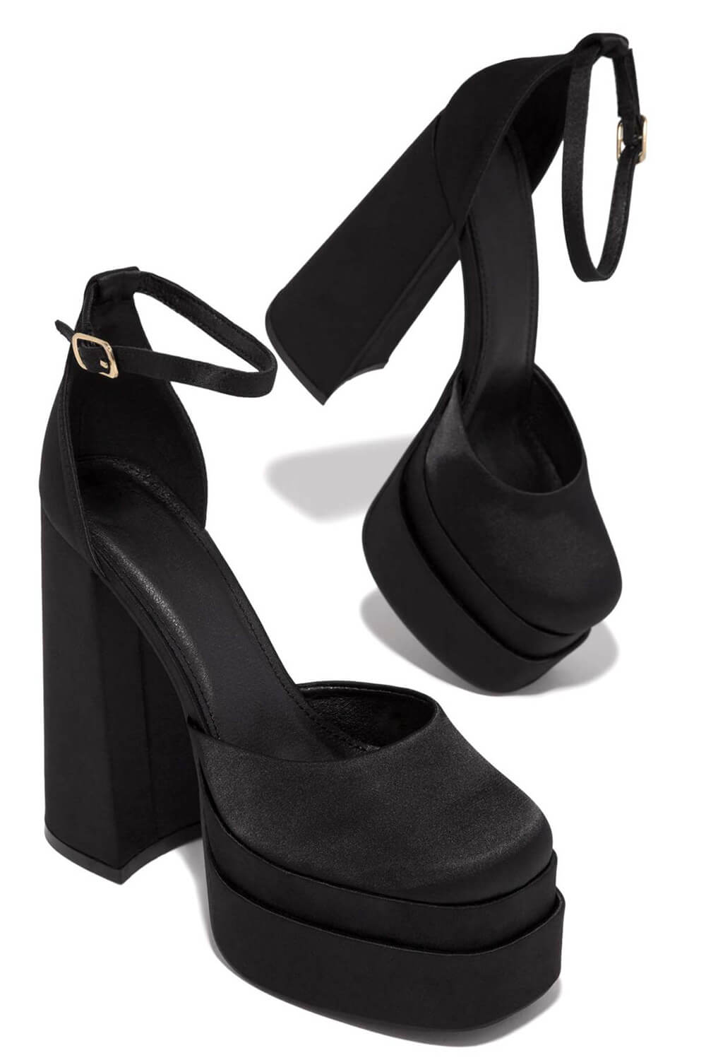 Black Satin Square Closed Toe Double Platform Block Heels