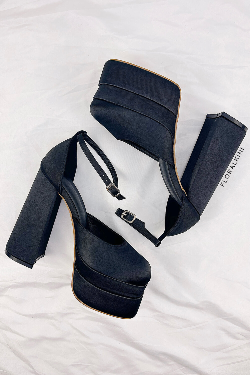 Black Satin Square Closed Toe Double Platform Block Heels