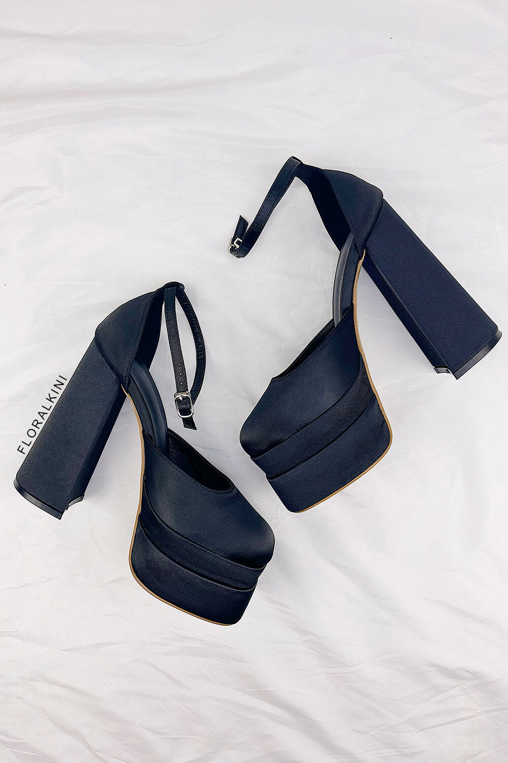 Black Satin Square Closed Toe Double Platform Block Heels