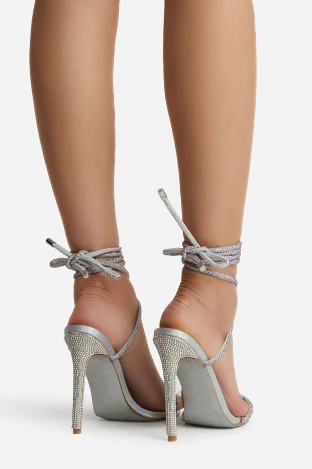 Silver Holographic Faux Leather Glitter Sole Diamante Detail Lace Up Heel
