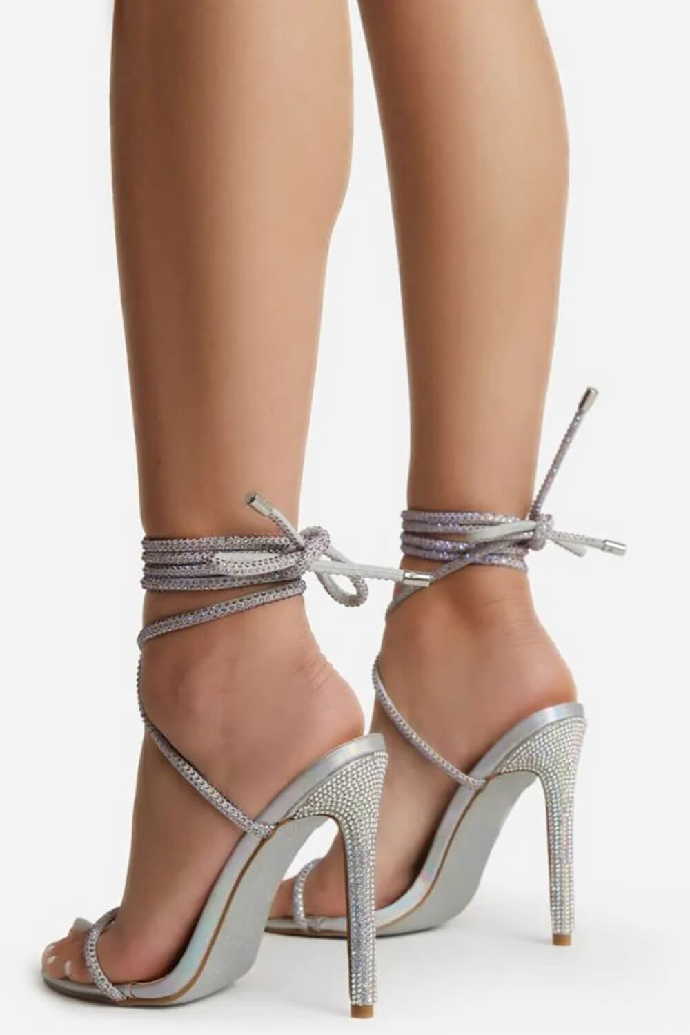 Silver Holographic Faux Leather Glitter Sole Diamante Detail Lace Up Heel