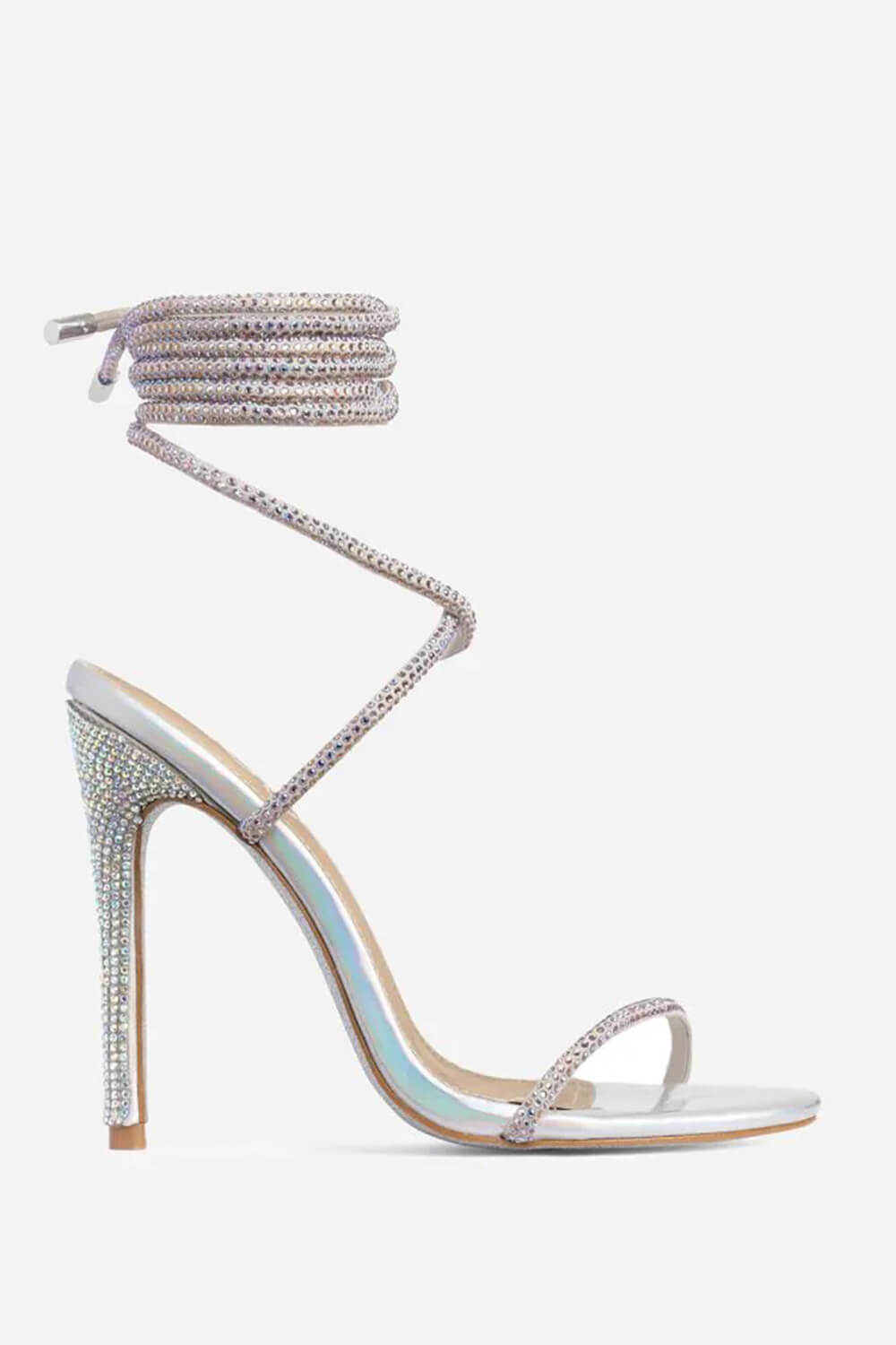Silver Holographic Faux Leather Glitter Sole Diamante Detail Lace Up Heel