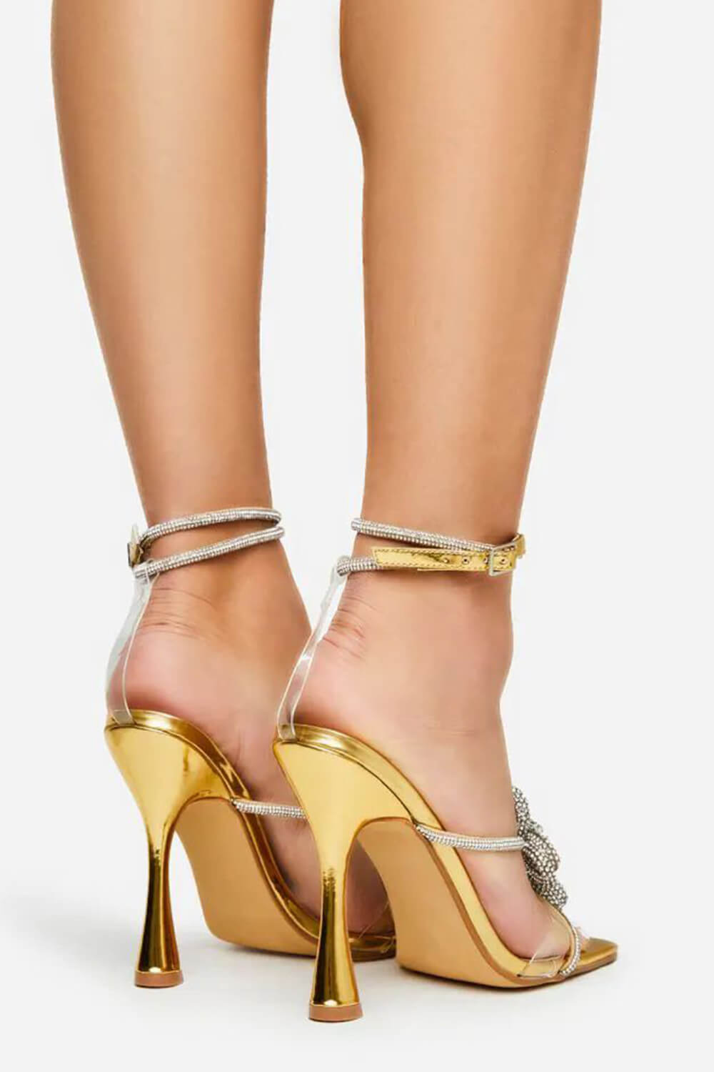 Gold Patent Diamante Flower Detail Clear Perspex Strap Square Toe Flared Heel