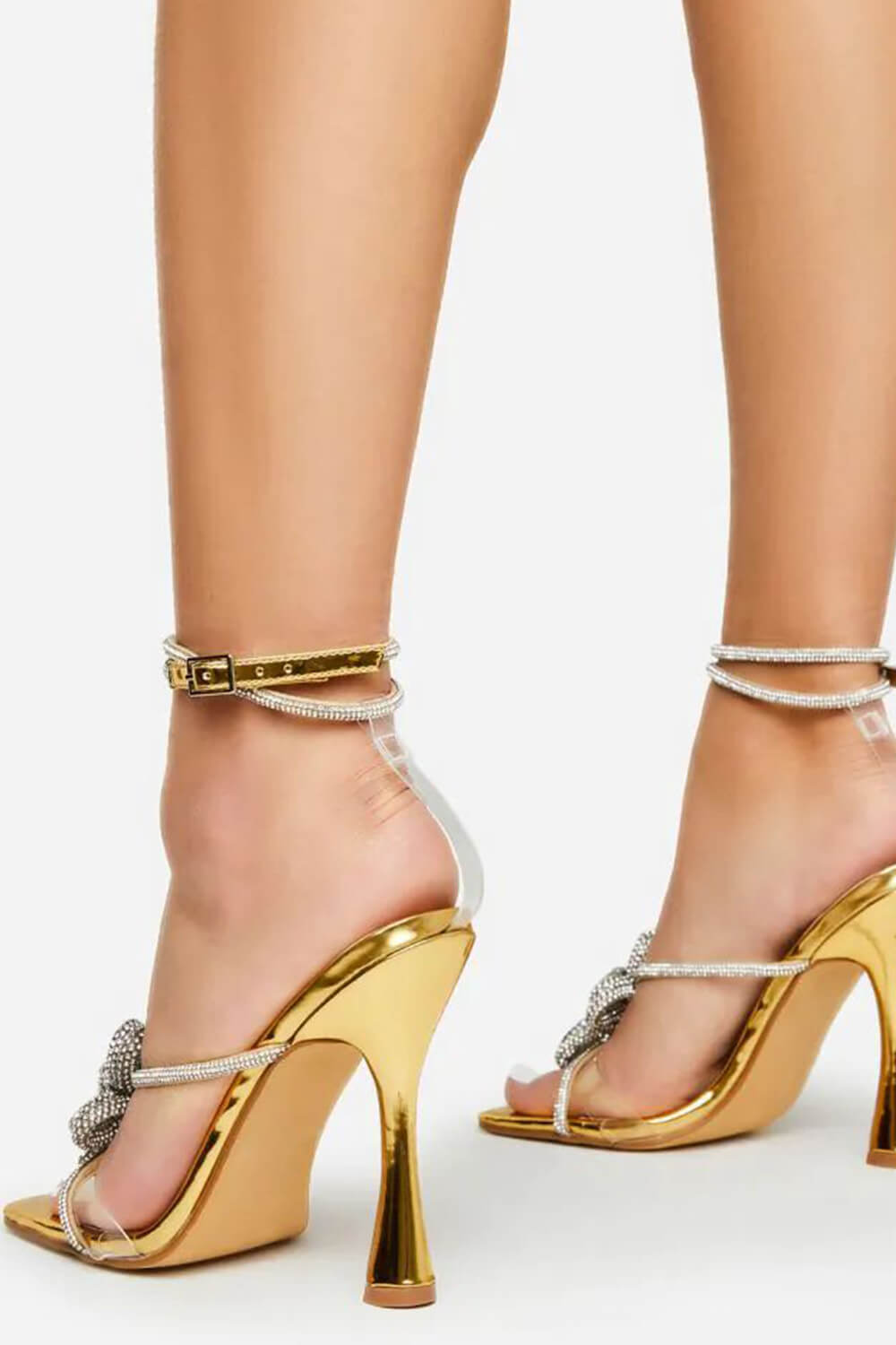 Gold Patent Diamante Flower Detail Clear Perspex Strap Square Toe Flared Heel