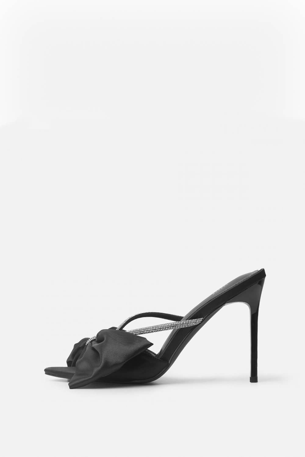 Black Satin Diamante Bow Stiletto Mules