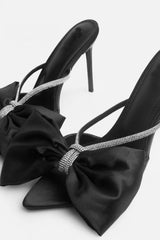 Black Satin Diamante Bow Stiletto Mules