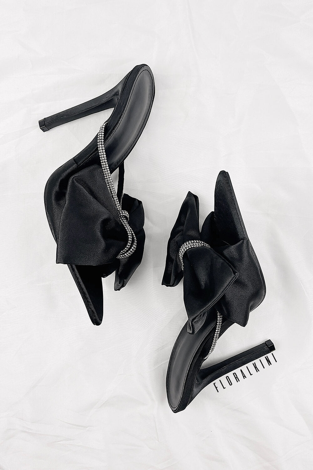 Black Satin Diamante Bow Stiletto Mules