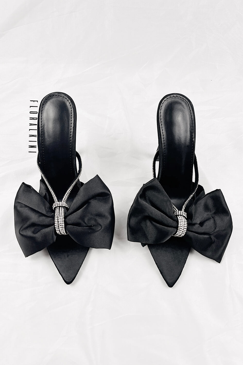 Black Satin Diamante Bow Stiletto Mules