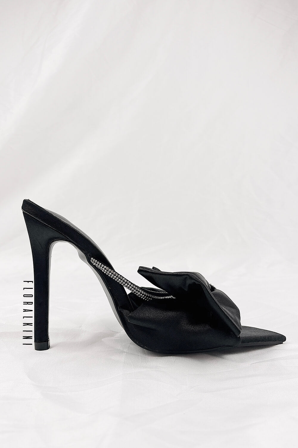 Black Satin Diamante Bow Stiletto Mules