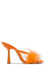Orange Faux Feather Fur High Heel Mules