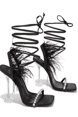 Black Lace Up Diamante Faux Feather Fur Clear Perspex Sculptured Heels