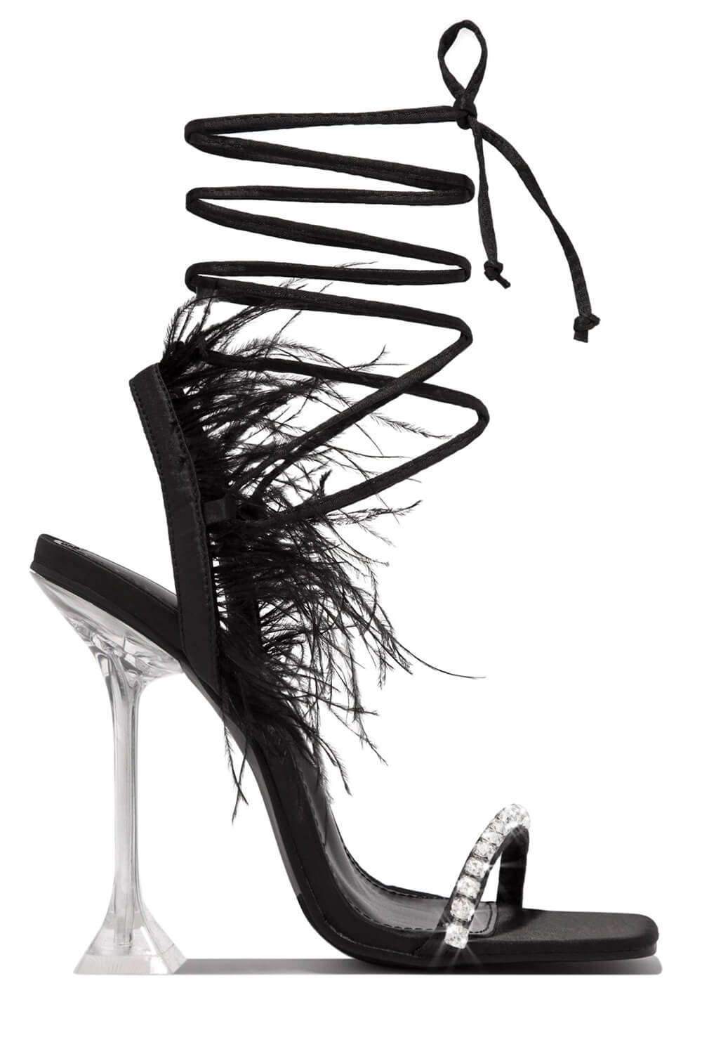 Black Lace Up Diamante Faux Feather Fur Clear Perspex Sculptured Heels