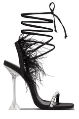 Black Lace Up Diamante Faux Feather Fur Clear Perspex Sculptured Heels