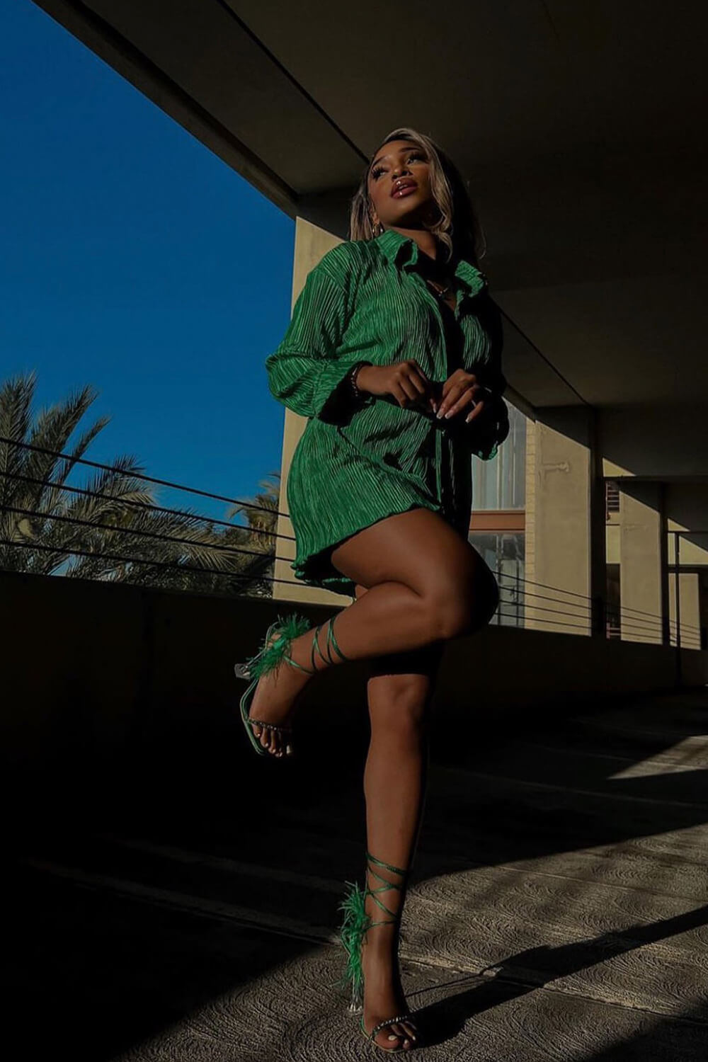 Green Lace Up Diamante Faux Feather Fur Clear Perspex Sculptured Heels