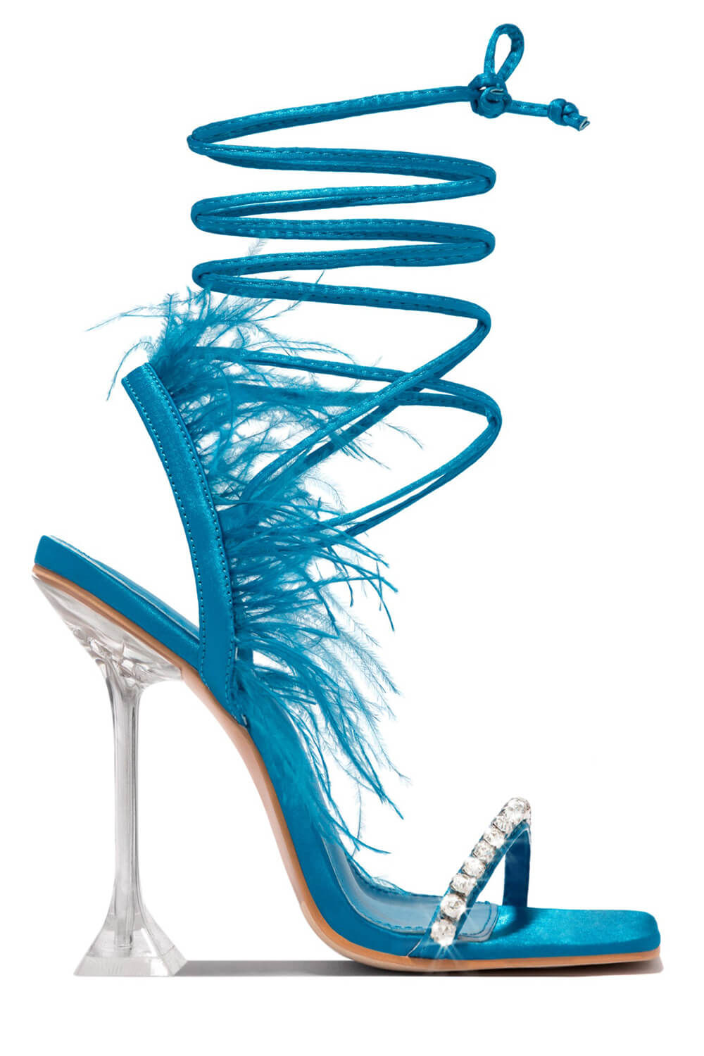 Blue Lace Up Diamante Faux Feather Fur Clear Perspex Sculptured Heels