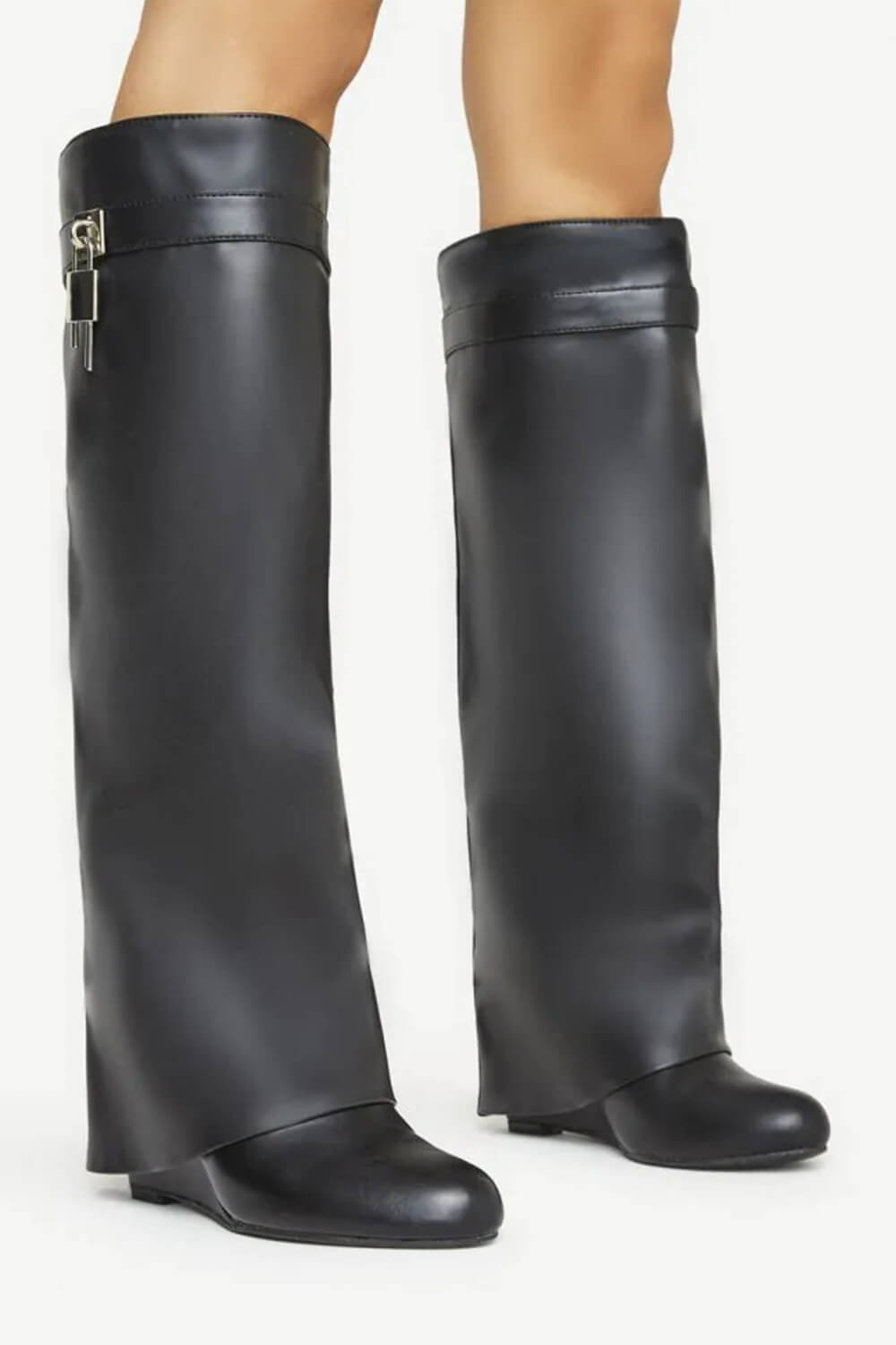 Faux Leather Padlock Detail Folded Wedge Heel Knee High Long Boots - Black