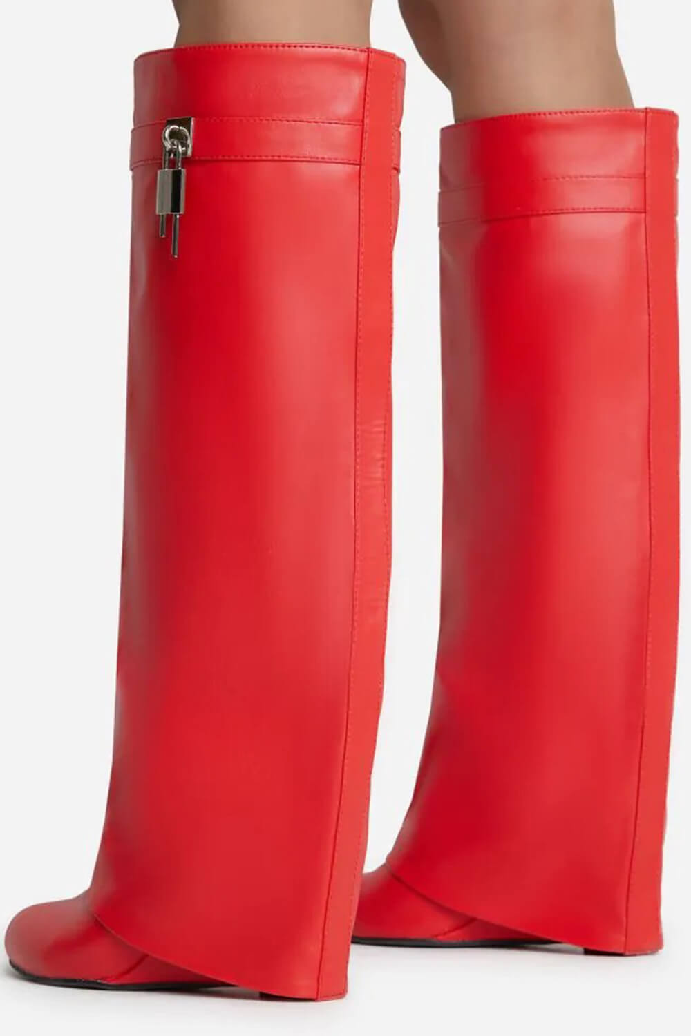 Faux Leather Padlock Detail Folded Wedge Heel Knee High Long Boots - Red