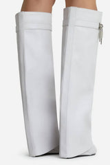 Faux Leather Padlock Detail Folded Wedge Heel Knee High Long Boots - White