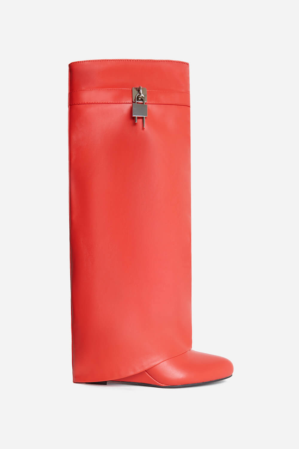 Faux Leather Padlock Detail Folded Wedge Heel Knee High Long Boots - Red