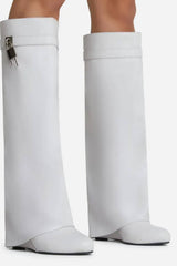 Faux Leather Padlock Detail Folded Wedge Heel Knee High Long Boots - White