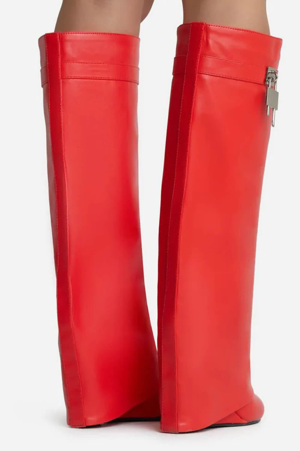 Faux Leather Padlock Detail Folded Wedge Heel Knee High Long Boots - Red