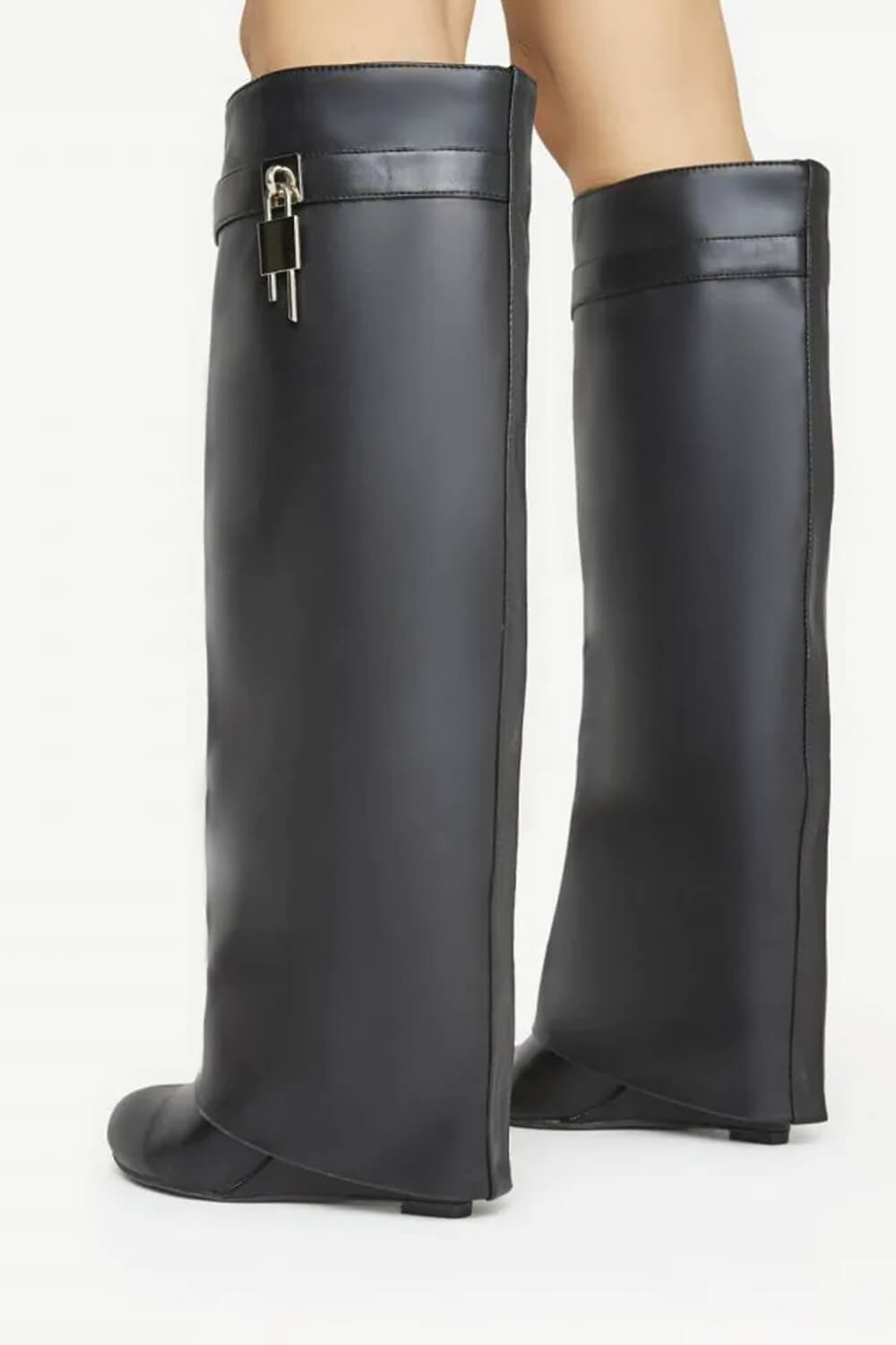 Faux Leather Padlock Detail Folded Wedge Heel Knee High Long Boots - Black