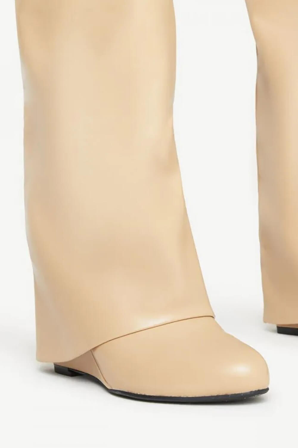 Faux Leather Padlock Detail Folded Wedge Heel Knee High Long Boots - Nude