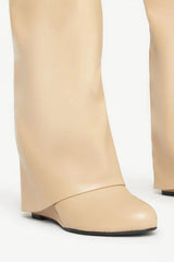 Faux Leather Padlock Detail Folded Wedge Heel Knee High Long Boots - Nude