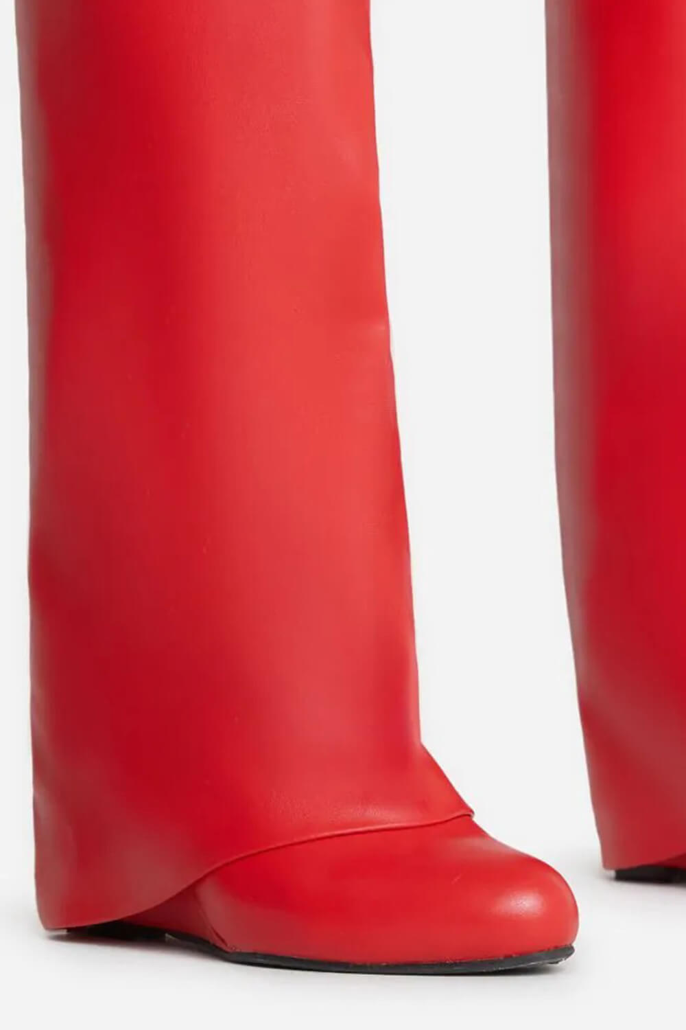 Faux Leather Padlock Detail Folded Wedge Heel Knee High Long Boots - Red