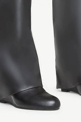 Faux Leather Padlock Detail Folded Wedge Heel Knee High Long Boots - Black