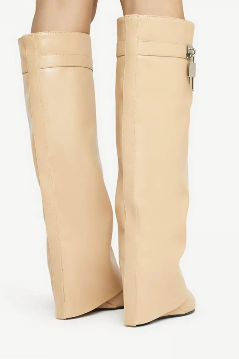 Faux Leather Padlock Detail Folded Wedge Heel Knee High Long Boots - Nude