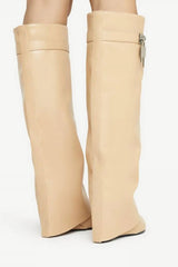 Faux Leather Padlock Detail Folded Wedge Heel Knee High Long Boots - Nude