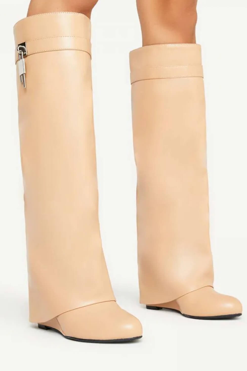 Faux Leather Padlock Detail Folded Wedge Heel Knee High Long Boots - Nude