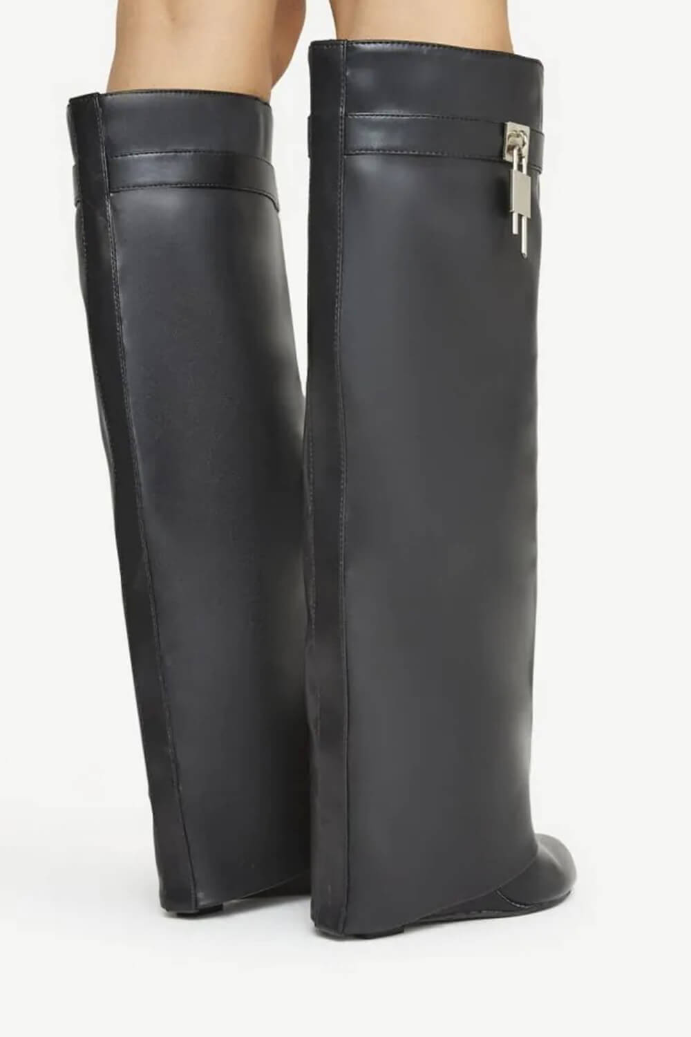 Faux Leather Padlock Detail Folded Wedge Heel Knee High Long Boots - Black