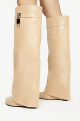 Faux Leather Padlock Detail Folded Wedge Heel Knee High Long Boots - Nude
