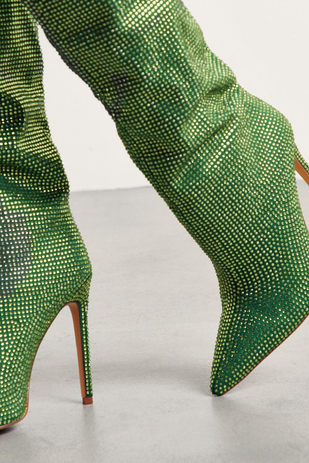 Gem Embellished Diamante Pointed Toe Stiletto Heel Knee High Long Boot - Red/Pink/Silver/Green