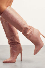 Gem Embellished Diamante Pointed Toe Stiletto Heel Knee High Long Boot - Red/Pink/Silver/Green
