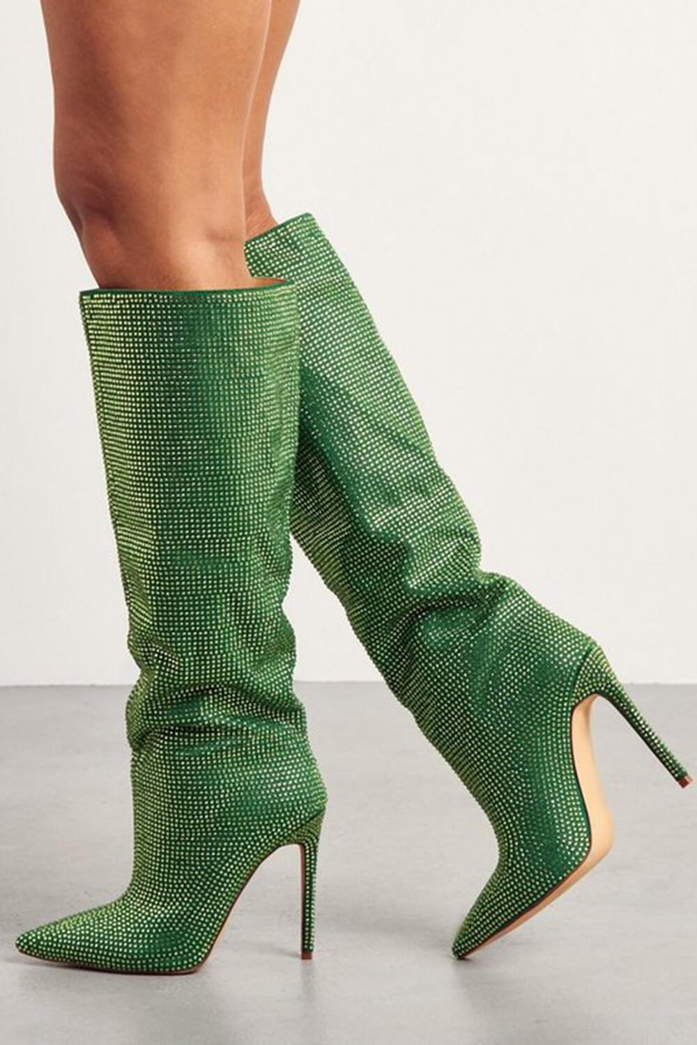 Gem Embellished Diamante Pointed Toe Stiletto Heel Knee High Long Boot - Red/Pink/Silver/Green